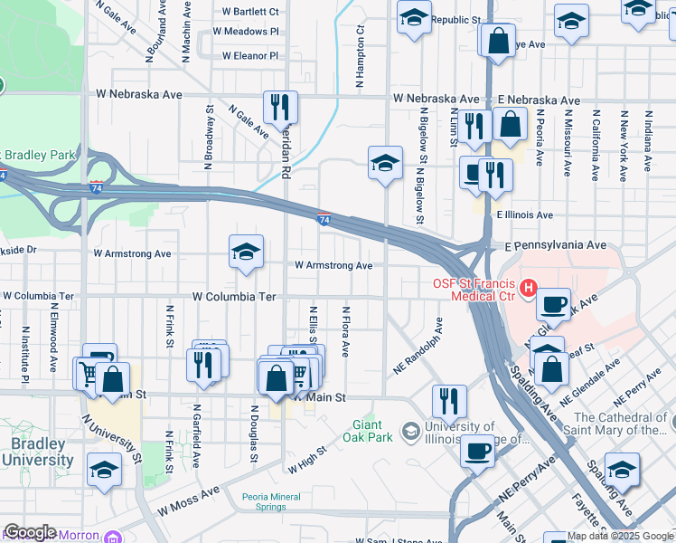 map of restaurants, bars, coffee shops, grocery stores, and more near 510 West Armstrong Avenue in Peoria