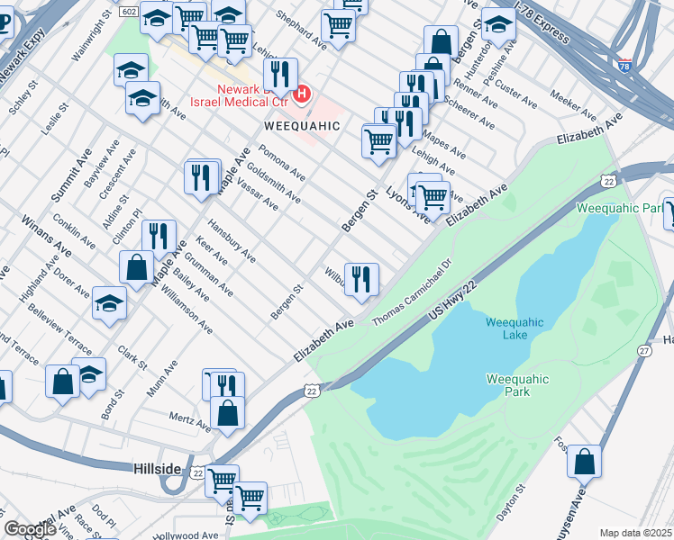 map of restaurants, bars, coffee shops, grocery stores, and more near 47 Wilbur Avenue in Newark