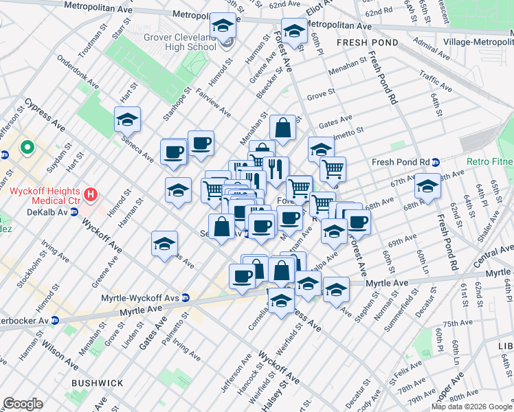 map of restaurants, bars, coffee shops, grocery stores, and more near 6-89 Onderdonk Avenue in Queens