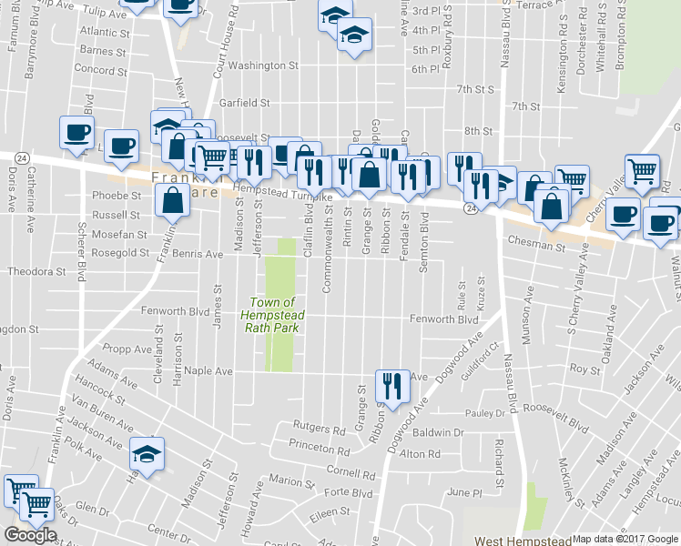 map of restaurants, bars, coffee shops, grocery stores, and more near 138 Rintin Street in Franklin Square
