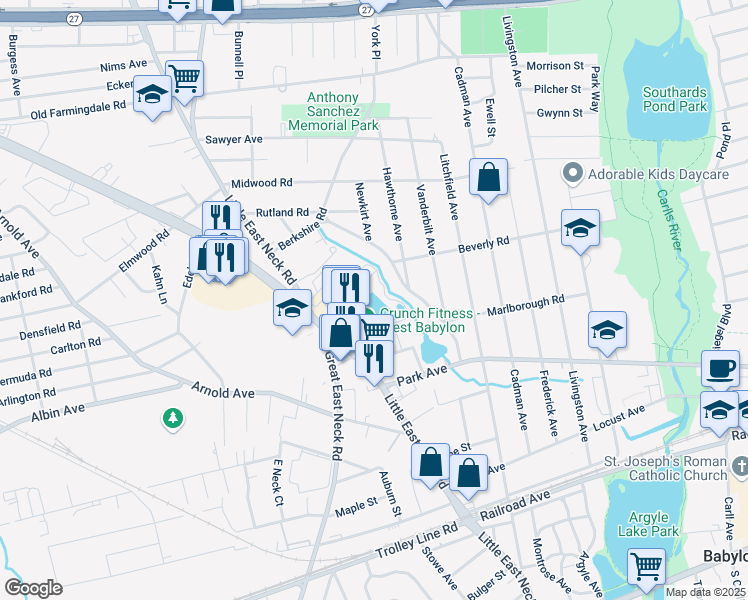 map of restaurants, bars, coffee shops, grocery stores, and more near 101-245 Millard Avenue in West Babylon