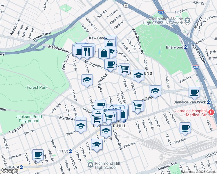 map of restaurants, bars, coffee shops, grocery stores, and more near 84-25 120th Street in Queens