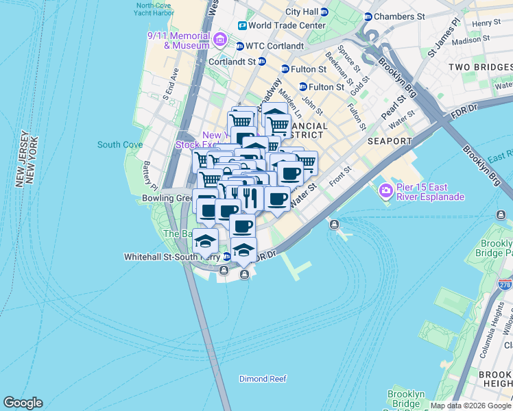 map of restaurants, bars, coffee shops, grocery stores, and more near 85 Broad Street in New York