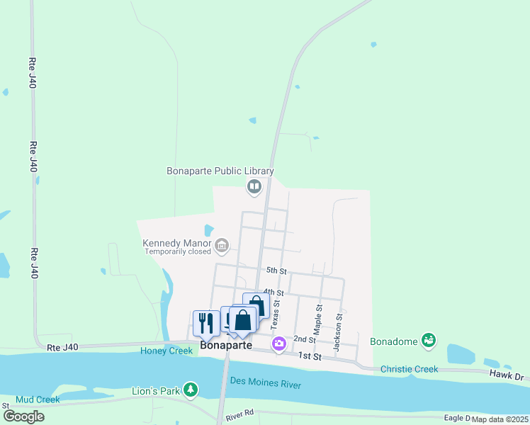 map of restaurants, bars, coffee shops, grocery stores, and more near 602 8th Street in Bonaparte