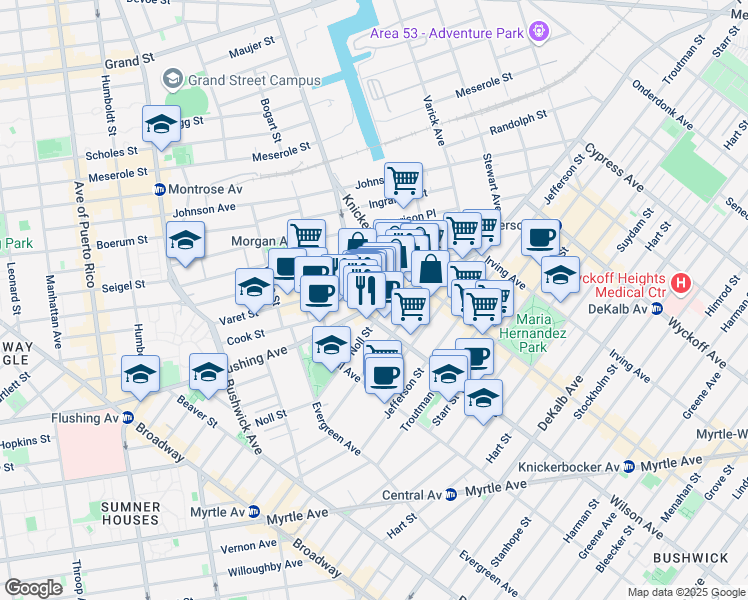 map of restaurants, bars, coffee shops, grocery stores, and more near 998 Flushing Avenue in Brooklyn