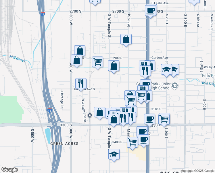 map of restaurants, bars, coffee shops, grocery stores, and more near 3060 South West Temple in South Salt Lake