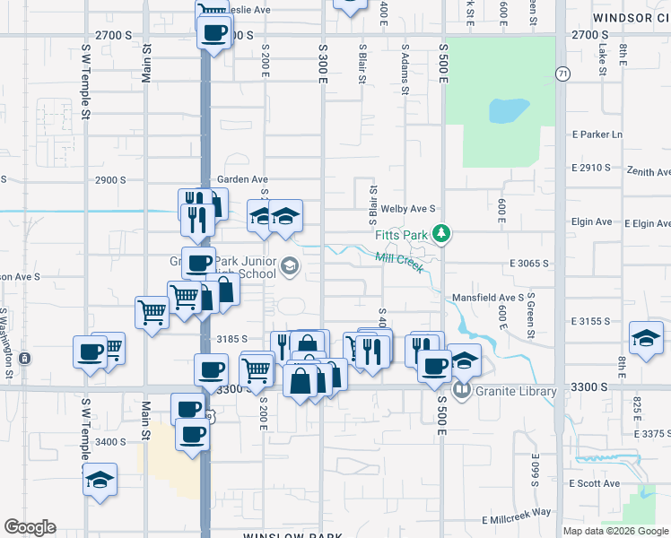 map of restaurants, bars, coffee shops, grocery stores, and more near 319 East Ivy Lane in South Salt Lake