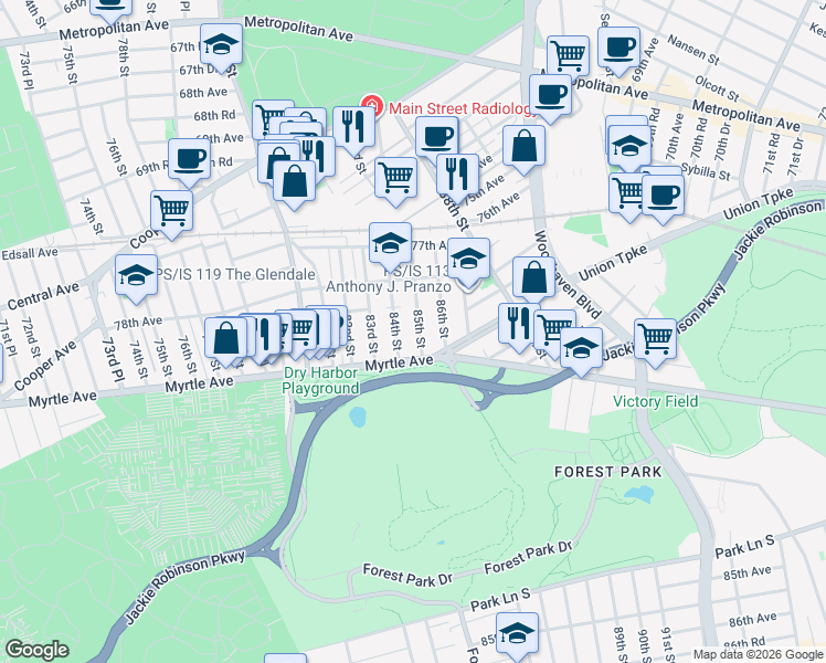 map of restaurants, bars, coffee shops, grocery stores, and more near 78-57 84th Street in Queens