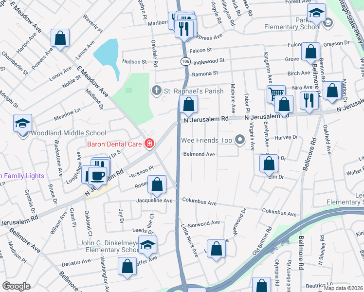 map of restaurants, bars, coffee shops, grocery stores, and more near 750 Taft Street in North Bellmore