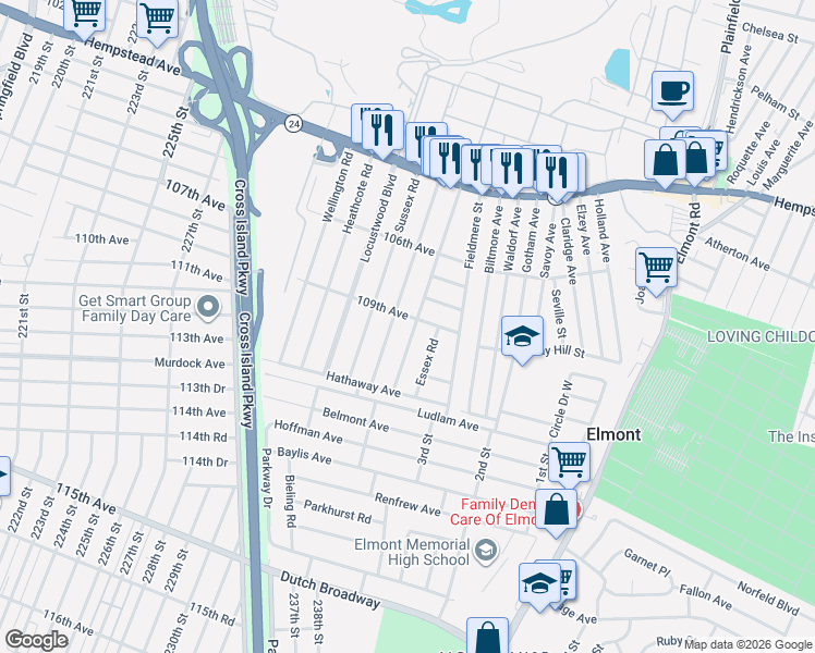 map of restaurants, bars, coffee shops, grocery stores, and more near 148 Warwick Road in Elmont