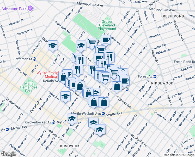 map of restaurants, bars, coffee shops, grocery stores, and more near 17-15 Bleecker Street in Queens