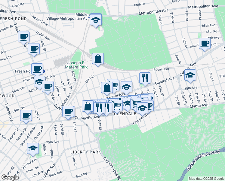 map of restaurants, bars, coffee shops, grocery stores, and more near 70-35 68th Street in Queens