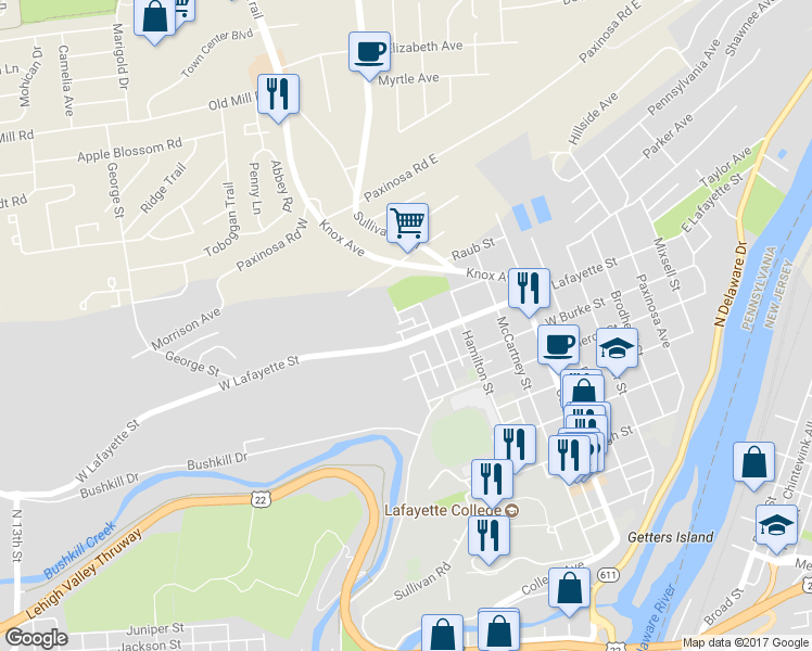 map of restaurants, bars, coffee shops, grocery stores, and more near 815 Wilbur Street in Easton