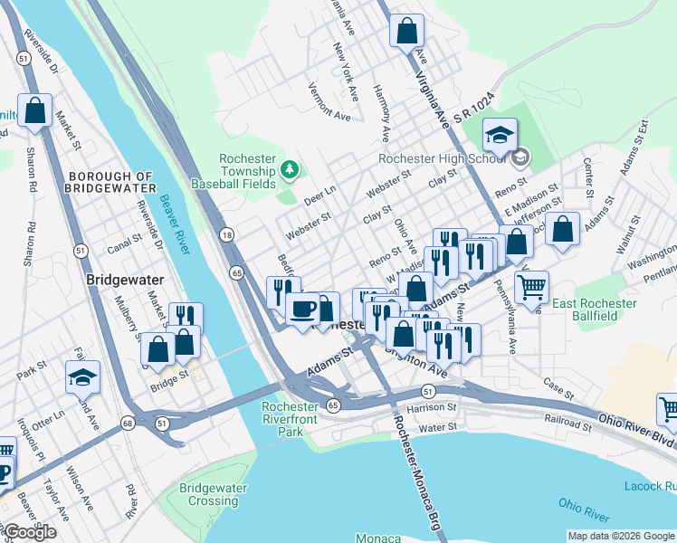 map of restaurants, bars, coffee shops, grocery stores, and more near 222 West Madison Street in Rochester