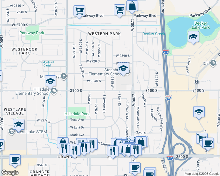 map of restaurants, bars, coffee shops, grocery stores, and more near 2870 West 3100 South in West Valley City