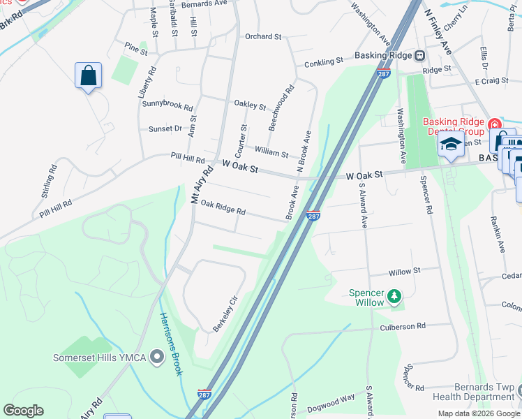 map of restaurants, bars, coffee shops, grocery stores, and more near 19 Oak Ridge Road in Basking Ridge
