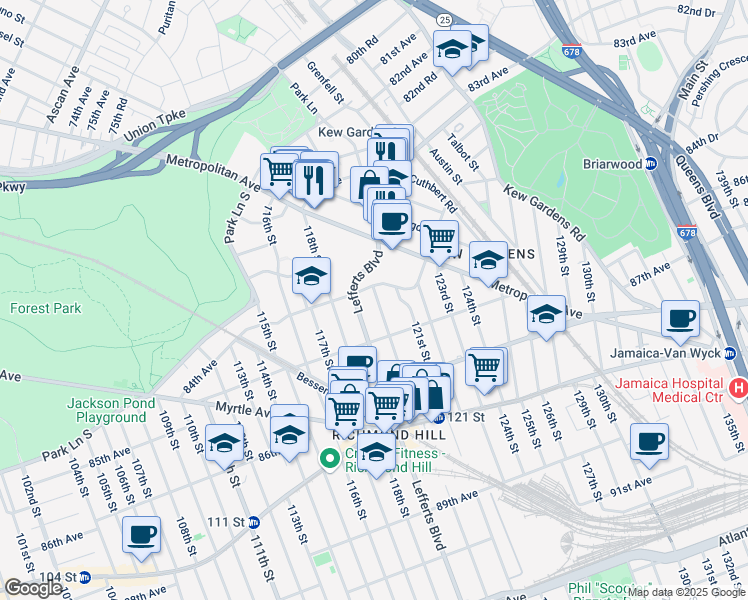 map of restaurants, bars, coffee shops, grocery stores, and more near 84-25 120th Street in Queens
