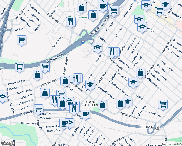 map of restaurants, bars, coffee shops, grocery stores, and more near 1469 Hiawatha Avenue in Hillside