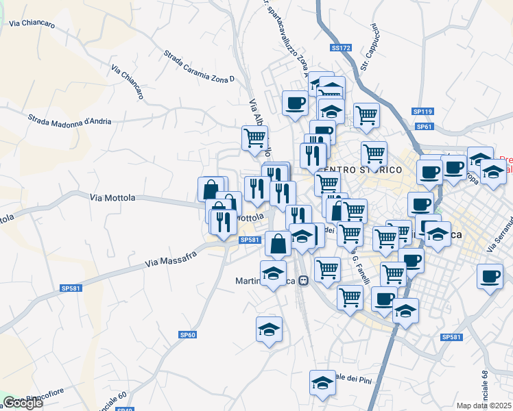 map of restaurants, bars, coffee shops, grocery stores, and more near 56 Via Mottola in Martina Franca
