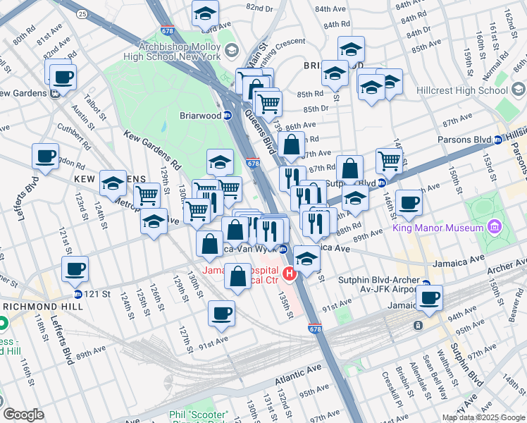 map of restaurants, bars, coffee shops, grocery stores, and more near in Queens