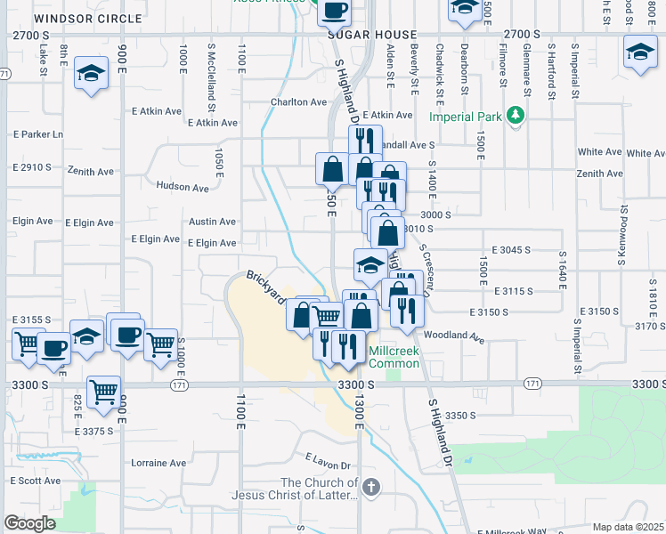 map of restaurants, bars, coffee shops, grocery stores, and more near 5613 South 1250 East in Salt Lake City
