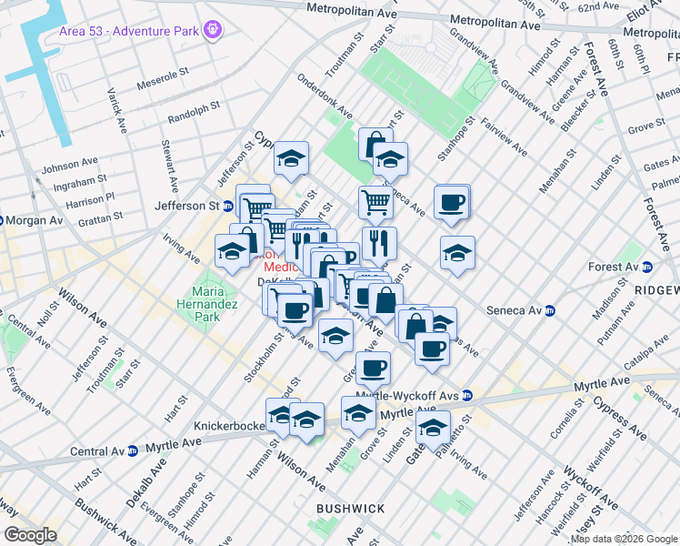 map of restaurants, bars, coffee shops, grocery stores, and more near 374 Stockholm Street in Brooklyn