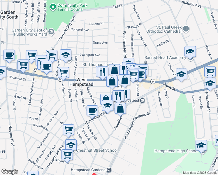 map of restaurants, bars, coffee shops, grocery stores, and more near 27 Morton Avenue in West Hempstead