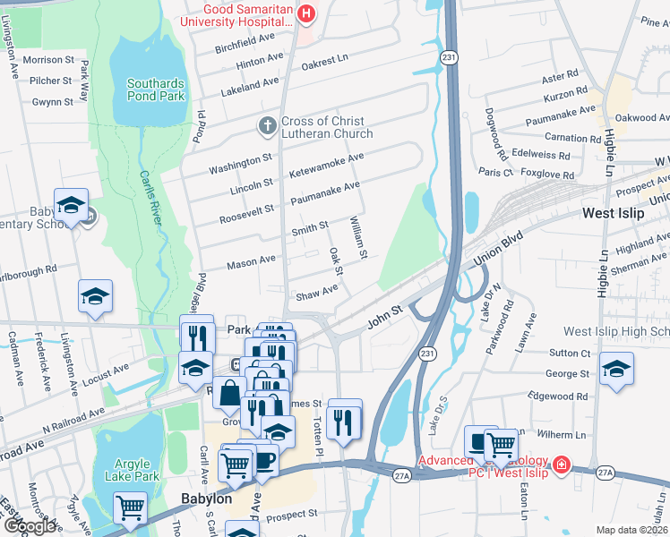 map of restaurants, bars, coffee shops, grocery stores, and more near 56 Ellen Avenue in Babylon