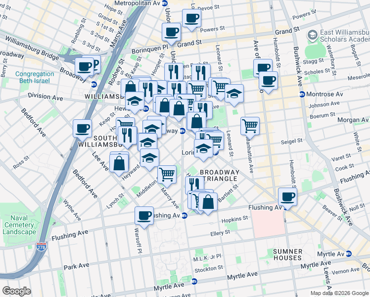 map of restaurants, bars, coffee shops, grocery stores, and more near 150 Union Avenue in Brooklyn