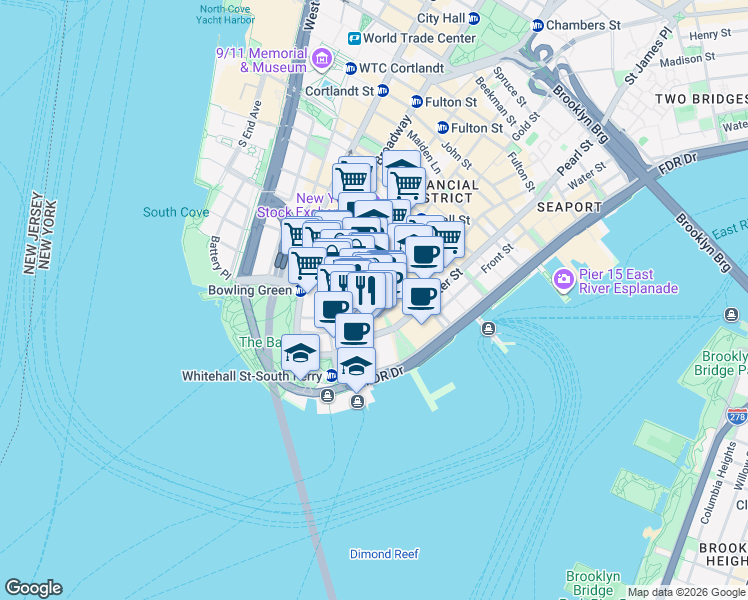 map of restaurants, bars, coffee shops, grocery stores, and more near 31 Bridge Street in New York