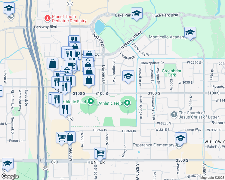 map of restaurants, bars, coffee shops, grocery stores, and more near 3091 Islington Lane in West Valley City