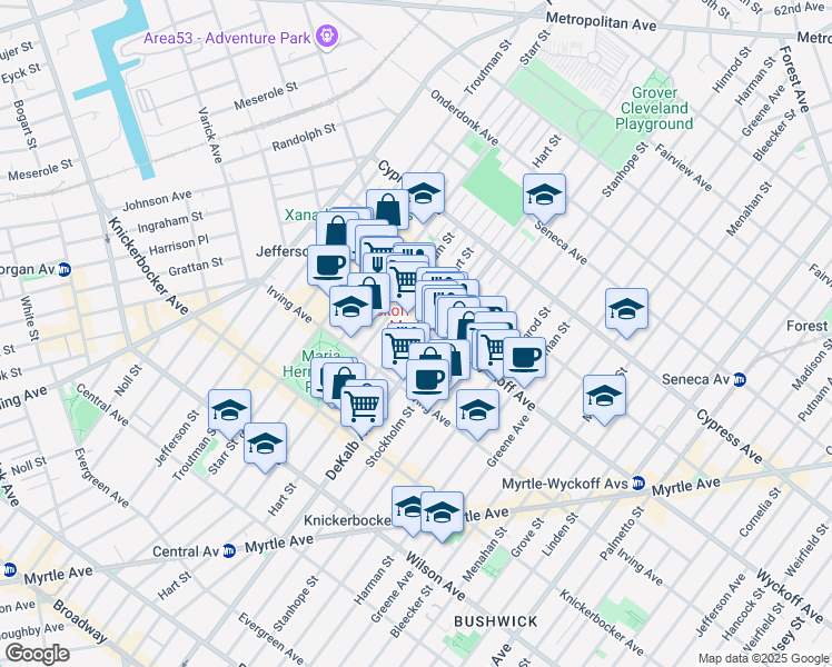 map of restaurants, bars, coffee shops, grocery stores, and more near 950 Hart Street in Brooklyn