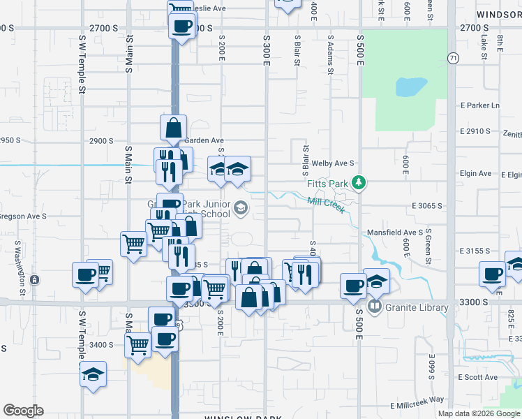 map of restaurants, bars, coffee shops, grocery stores, and more near 3064 South 300 East in South Salt Lake