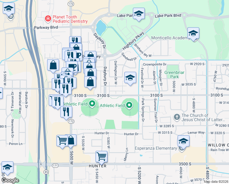 map of restaurants, bars, coffee shops, grocery stores, and more near 3091 Islington Lane in West Valley City