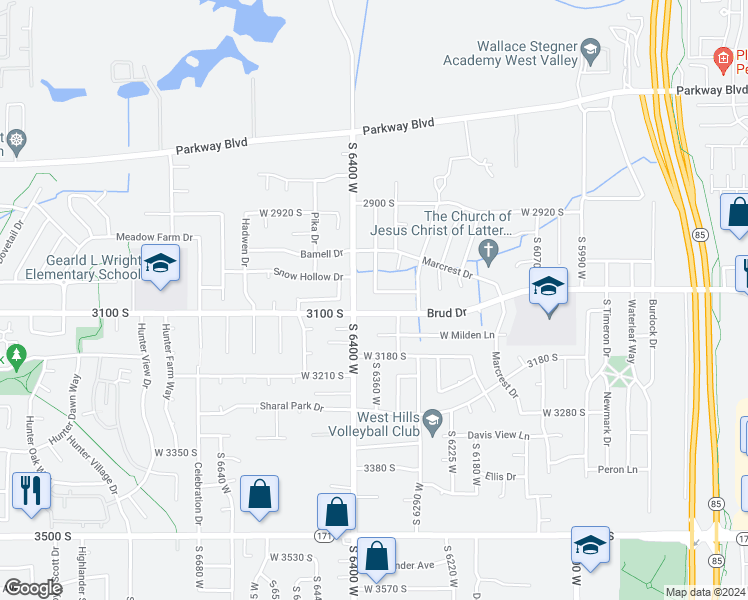 map of restaurants, bars, coffee shops, grocery stores, and more near 6338 West 3100 South in West Valley City