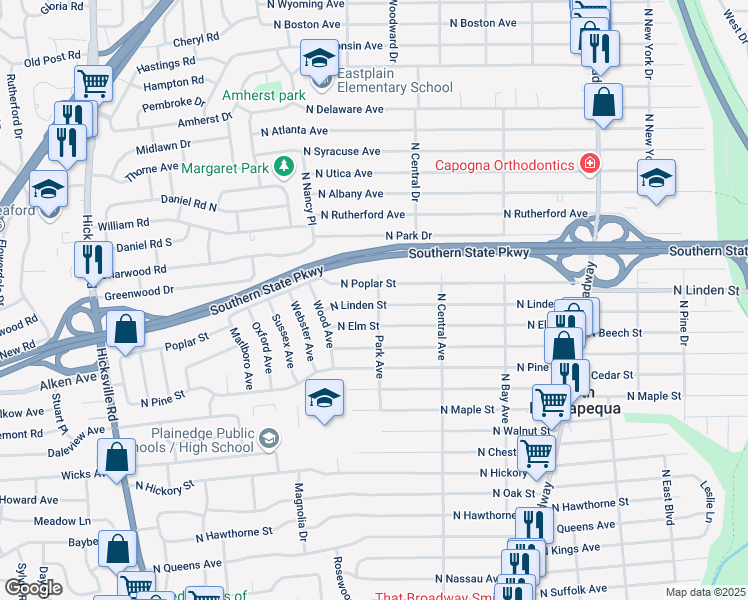map of restaurants, bars, coffee shops, grocery stores, and more near 270 North Linden Street in Massapequa