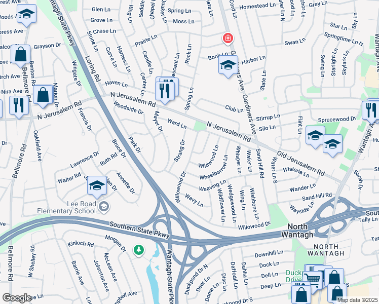 map of restaurants, bars, coffee shops, grocery stores, and more near 33 Western Lane in Wantagh