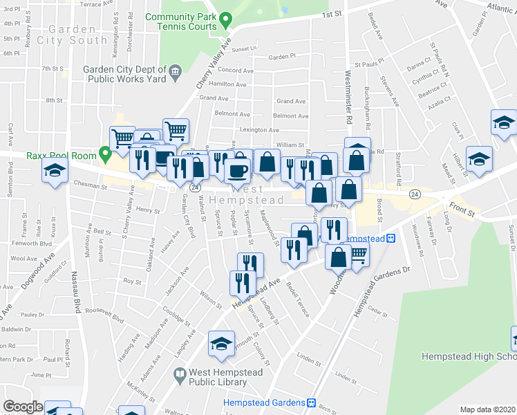 map of restaurants, bars, coffee shops, grocery stores, and more near 35 Sycamore Street in West Hempstead