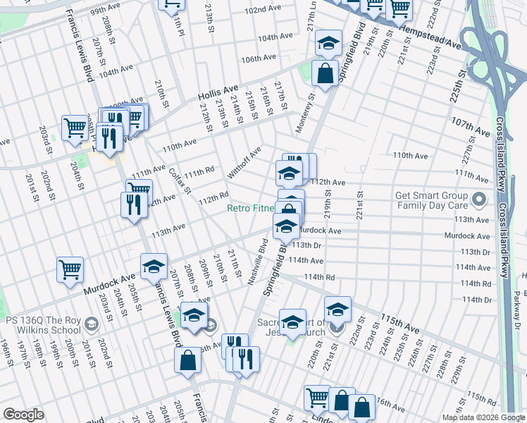 map of restaurants, bars, coffee shops, grocery stores, and more near 214-26 113th Avenue in Queens
