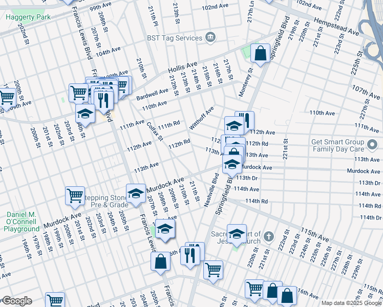 map of restaurants, bars, coffee shops, grocery stores, and more near 210-24 113th Avenue in Queens