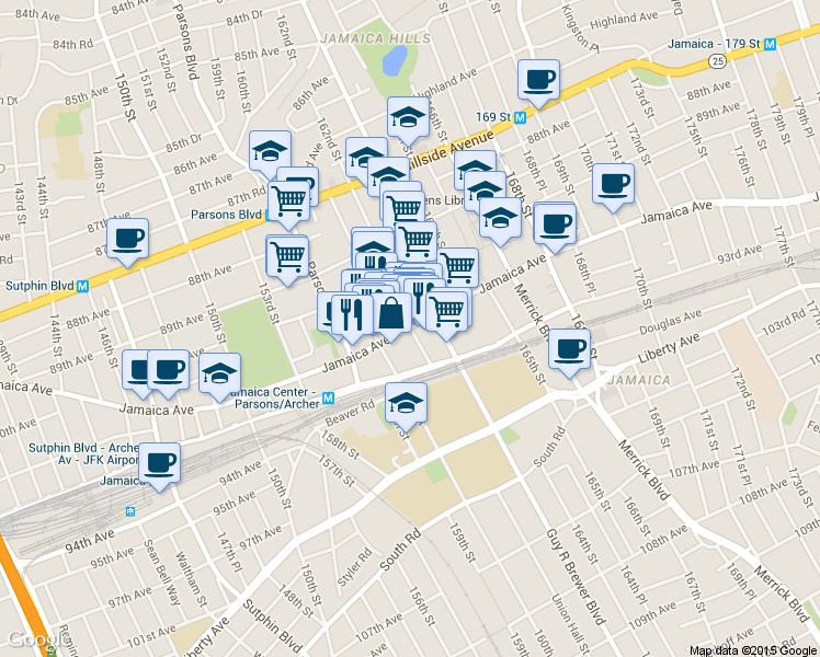 map of restaurants, bars, coffee shops, grocery stores, and more near in Queens