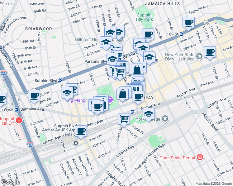 map of restaurants, bars, coffee shops, grocery stores, and more near 90-05 153rd Street in Queens