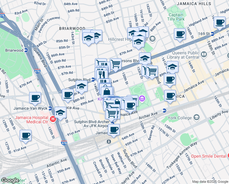 map of restaurants, bars, coffee shops, grocery stores, and more near 89-09 148th Street in Queens