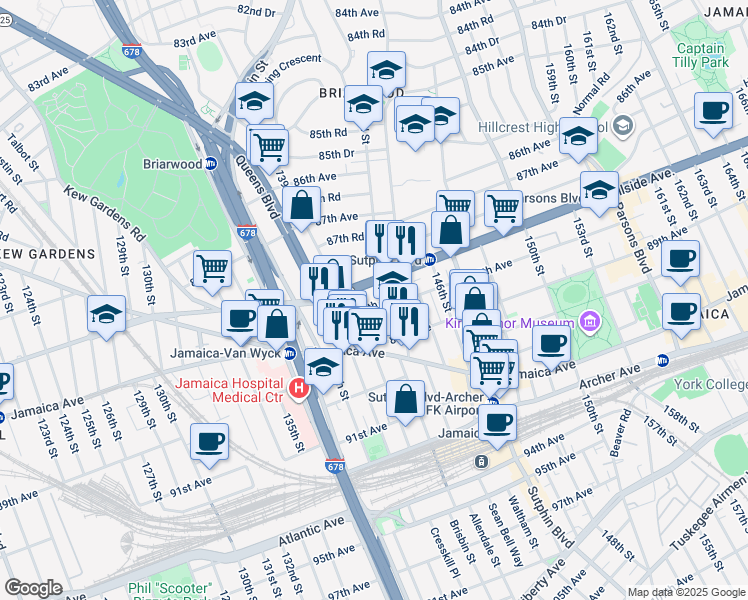 map of restaurants, bars, coffee shops, grocery stores, and more near 139-09 88th Avenue in Queens