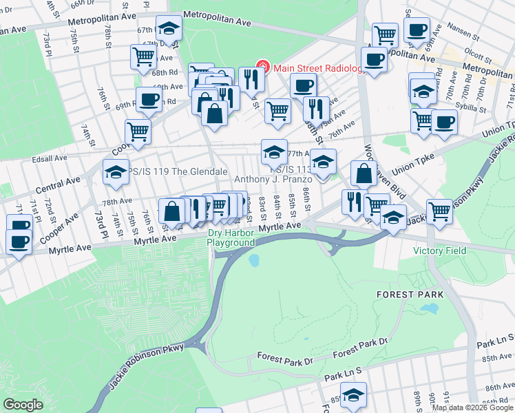 map of restaurants, bars, coffee shops, grocery stores, and more near 78-56 83rd Street in Queens