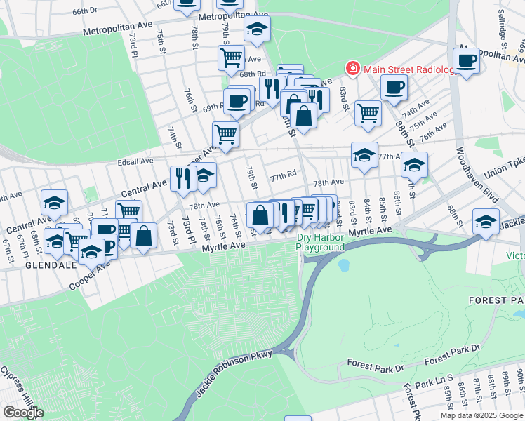map of restaurants, bars, coffee shops, grocery stores, and more near 78-21 78th Street in Queens