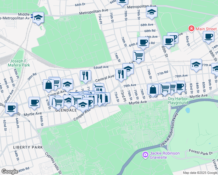 map of restaurants, bars, coffee shops, grocery stores, and more near 71-43 72nd Place in Queens