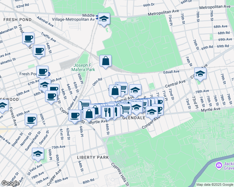 map of restaurants, bars, coffee shops, grocery stores, and more near 70-20 67th Place in Queens