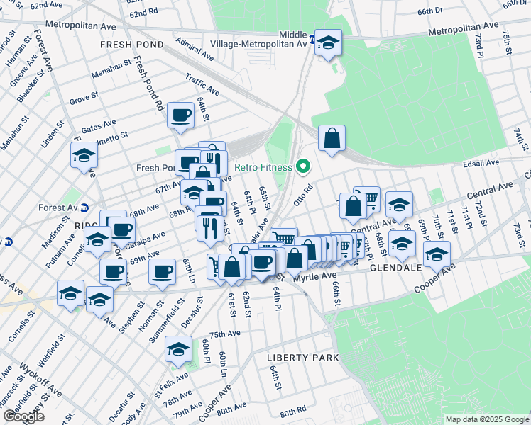map of restaurants, bars, coffee shops, grocery stores, and more near 20 Shaler Avenue in Queens