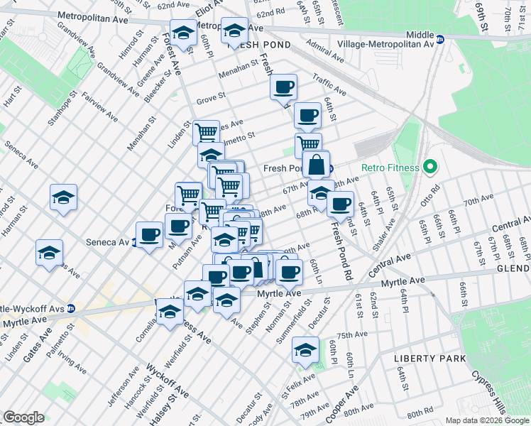 map of restaurants, bars, coffee shops, grocery stores, and more near 67-24 60th Street in Queens